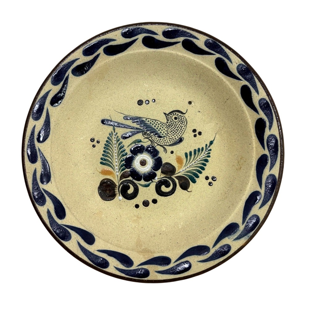 Tonala Mexico Hand Painted Pottery Plate Bird Floral Stoneware Folk Art Signed